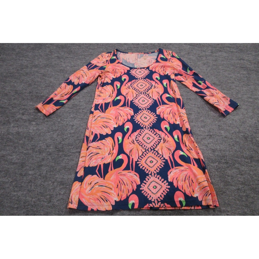 Lilly‎ Pulitzer Dress Womens S Beacon Resort Navy Pink Flamingo 3/4 Sleeve